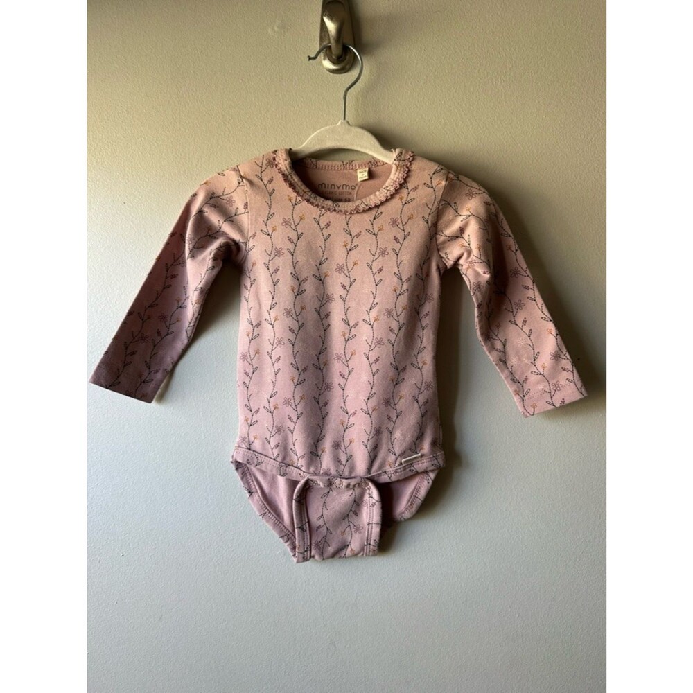 Minymo Organic Cotton Mauve Pink Floral Long-Sleeve Baby One-Piece Sz 3M Pilgrim
